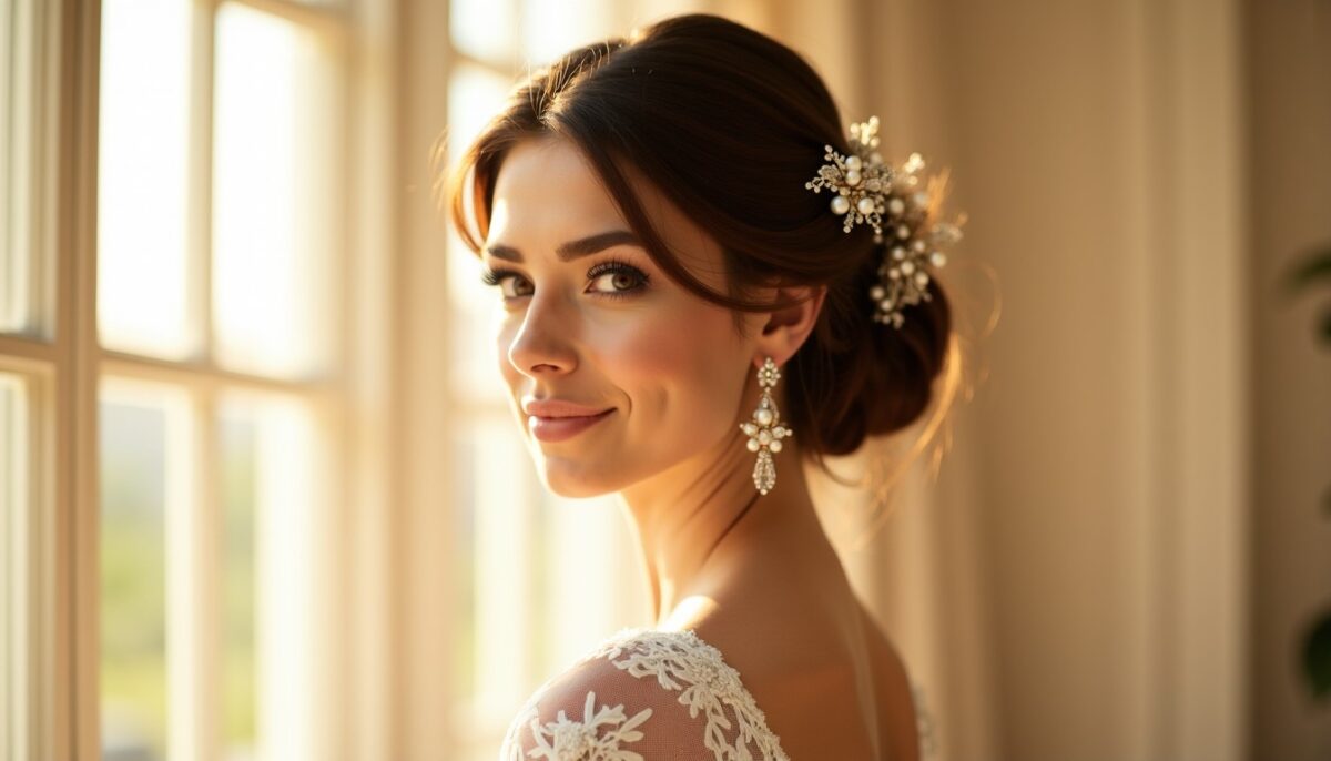 Guide élégant : Incorporer pinces en strass et perles dans votre coiffure de mariage